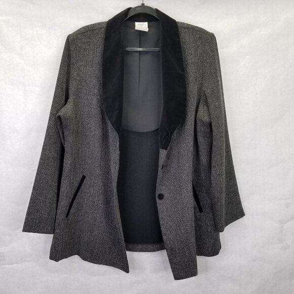 Giorgio Fiorlini Blazer Women's 16 Grey Tweed Black Velvet Collar Equestrian VTG - Picture 8 of 16